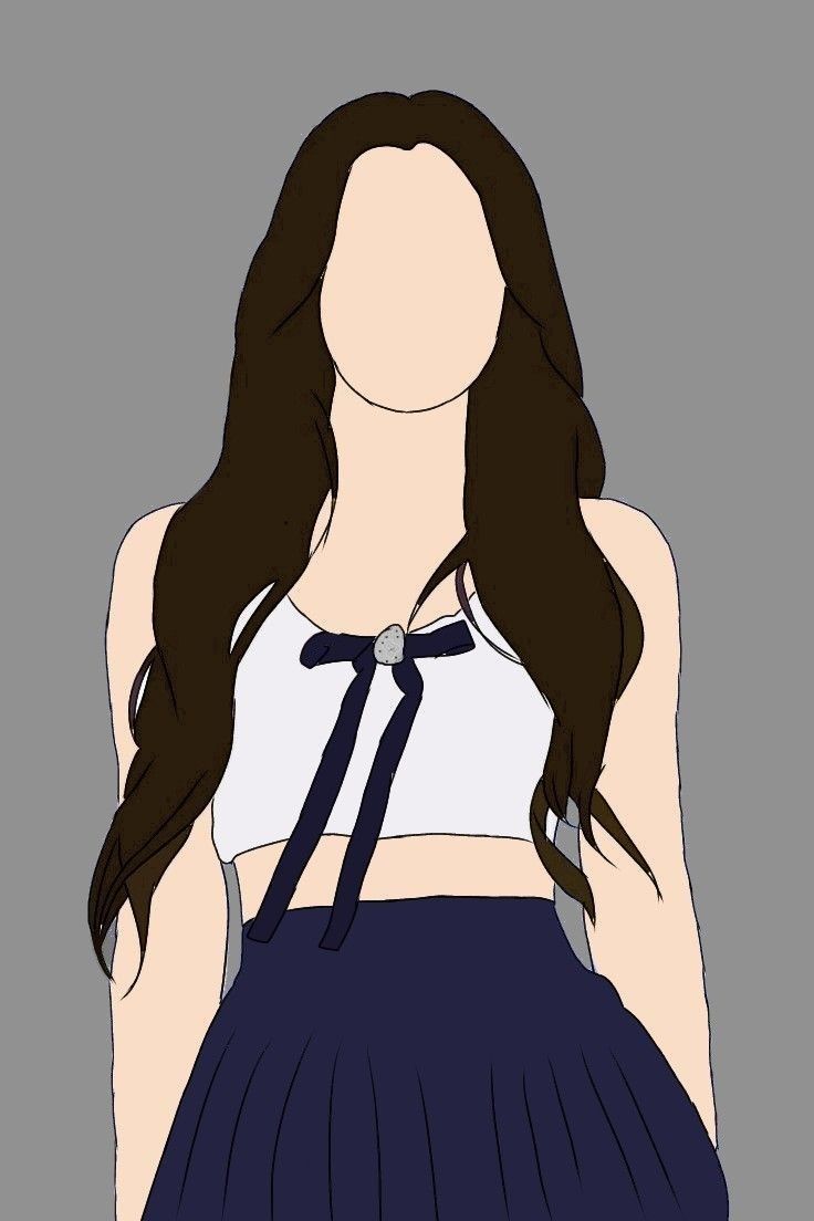 a drawing of a woman with long dark hair wearing a white crop top and blue pleated skirt