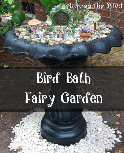 bird bath fairy garden with rocks and gravel