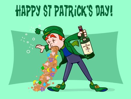 a st patrick's day card with a man pouring coins into a bottle