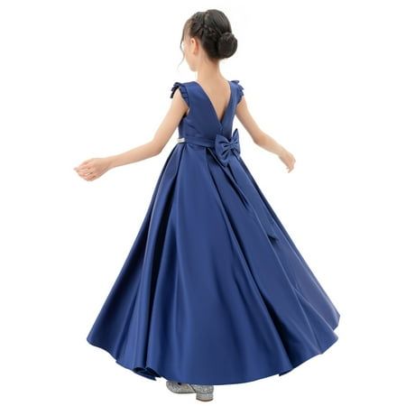 This gorgeous flower girl dress features an open back satin bodice with ruffle cap sleeves. The waistline is delicately decorated with rhinestones and a pre-tied bow in the back. The elegant satin skirt has 3 layers, top 1 layer is made of satin, 2nd layer is a netting attached to the 3rd layer for additional fullness, the 3rd layer is a satin lining to bring comfort to your little girl while wearing the dress. Perfect for princess party, wedding, holiday, theme party, ceremony, birthday, stage Flower Girl Dresses Blue, Baby Blue Dresses, Flower Girl Dresses Tutu, Christening Gown, Blue Dress Formal, Girl Christening, Girls Formal Dresses, Holiday Theme, Flower Girl Tutu