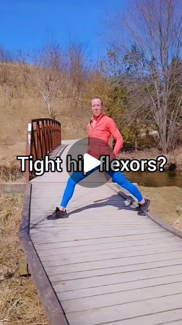 a man riding a skateboard down a wooden walkway next to a river with the words tight hi flexors?