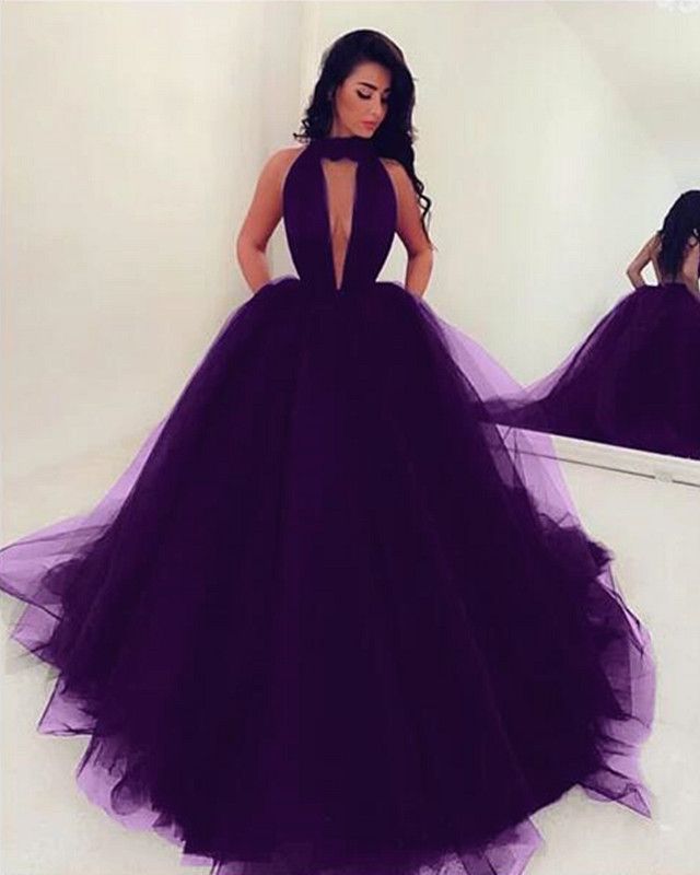 Purple Sleeveless Tulle Evening Dress, Purple Tulle Dress For Banquet, Purple Tulle Party Gown, Purple Tulle Evening Dress For Banquet, Purple Tulle Floor-length Ball Gown, Purple Tulle Gown For Party, Purple Floor-length Ball Gown With Sweep Train, Purple Sleeveless Tulle Gown, Purple Tulle Prom Evening Dress