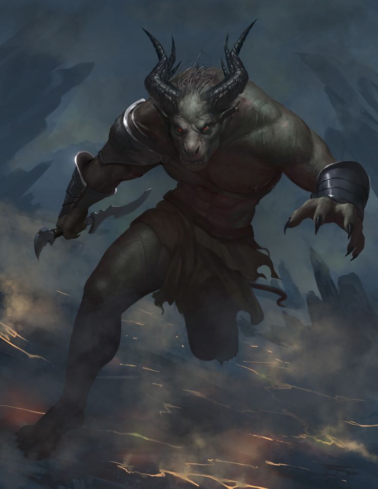 a demon with horns running through the air