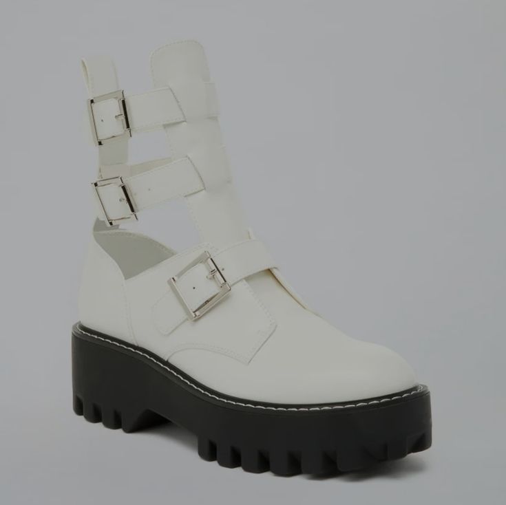 Brand New Size 8 White Buckled Booties From Shoe Dazzle. Still In Original Box With Tags Edgy White Platform Boots, White Synthetic Closed Toe Booties, Edgy White Platform Boots With Round Toe, White Leather Edgy Platform Boots, Edgy White Leather Platform Boots, Edgy White Party Boots, White Round Toe Booties For Party, White Round Toe Party Booties, Trendy White Closed Toe Platform Boots