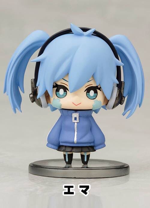 an anime figurine with headphones on it's ears and blue hair