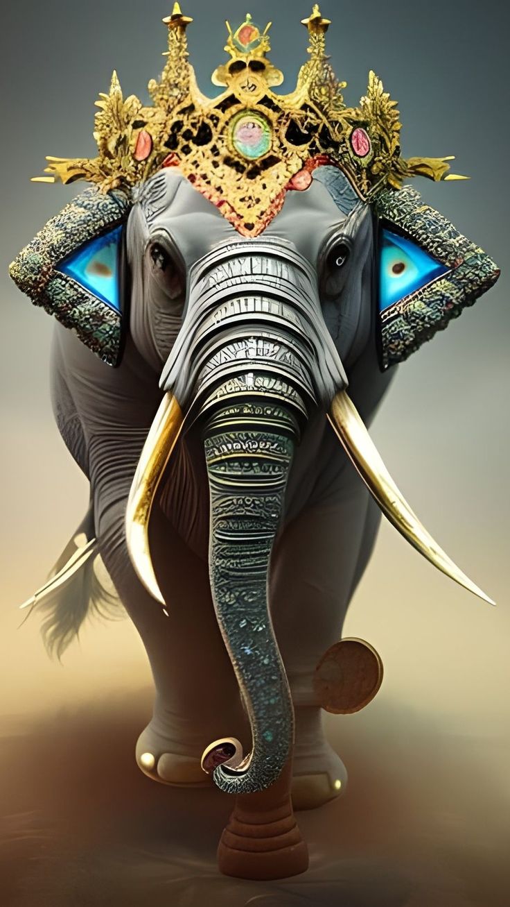 an elephant with blue eyes and gold crown on it's head, standing in front of a gray background