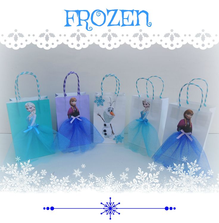 several frozen princess bags with snowflakes on them and the words frozen written in blue