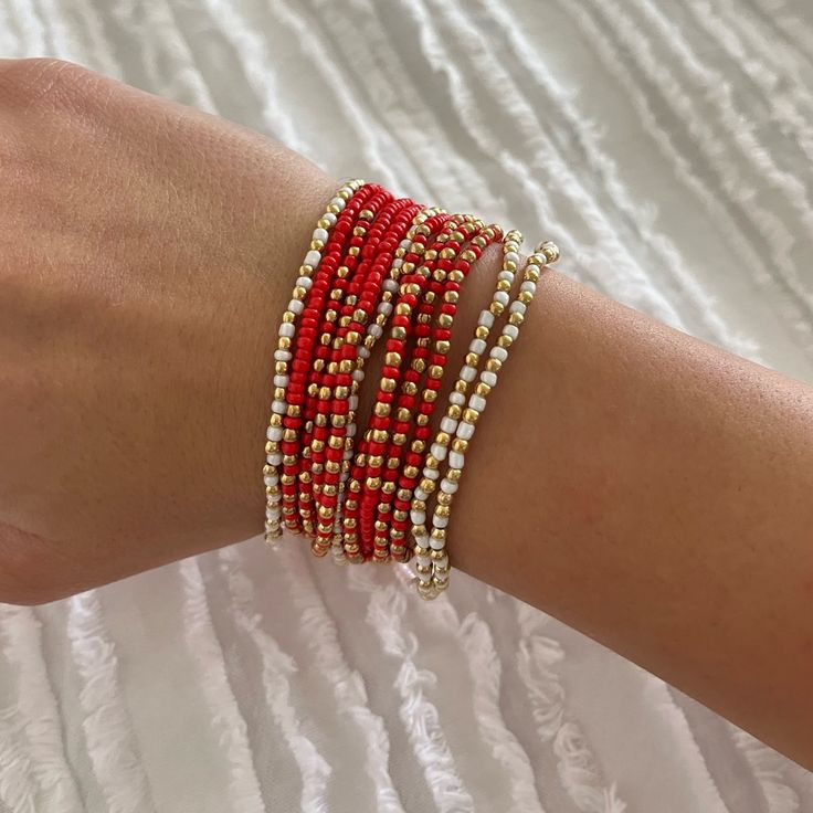 - Never Worn - Stack Of 10! - Super Cute For Game Day! Christmas Beaded Bracelets Patterns, Usa Beaded Bracelet, Christmas Stack Bracelets, Red And White Beaded Bracelet, Seed Bead Christmas Bracelets, Game Day Bracelets, Christmas Seed Bead Bracelets, Christmas Bead Bracelets, Red And White Bracelets