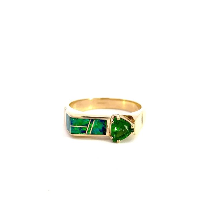 A tsavorite garnet and opal ring. Prong set to one side of the ring is a trillion cut tsavorite garnet.  Inlaid across the top of the band are opals.  The ring has a square shape. This ring is a size 9 1/2.  This ring cannot be sized by our goldsmith. Metal Content Guaranteed 14k yellow gold Weight: 7.42 grams Stone Information Type: Opal Type: Tsavorite Garnet Cut: Trillion  Measurements: 6.75x6.75mm Measurements of Ring 1/4 inches wide at the top (8mm) 3/16 inches off the finger (5mm) 3.2mm wi Green Opal Birthstone Ring In 14k Gold, Fine Jewelry Green Opal Birthstone Ring, Green Opal Ring In 14k Gold, Fine Jewelry Green Opal Ring, Green Multi-stone Opal Anniversary Ring, Green Multi-stone Opal Ring For Anniversary, Tsavorite Garnet, Opal Ring, Square Shape