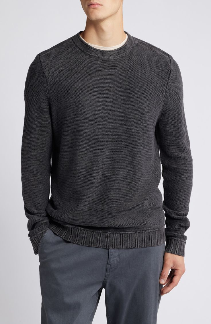 Rolled edges and reversed seams relax the vibe of this sweater knit from cotton-blend yarns and finished with a soft wash that perfectly breaks in the look and feel. Crewneck Long sleeves with ribbed cuffs 60% cotton, 40% acrylic Machine wash, dry flat Imported Washed Crew Sweater For Fall, Washed Crew Neck Sweater For Fall, Washed Black Relaxed Fit Sweater For Fall, Cotton Sweater With Ribbed Cuffs For Layering, Crew Neck Washed Sweater For Winter, Washed Crew Neck Sweater For Winter, Casual Washed Crew Sweater, Casual Washed Crew Neck Sweater, Casual Washed Black Sweater With Ribbed Cuffs