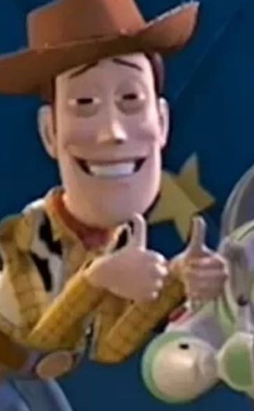 the toy story character is smiling and holding a stuffed animal in his right hand while wearing a cowboy hat