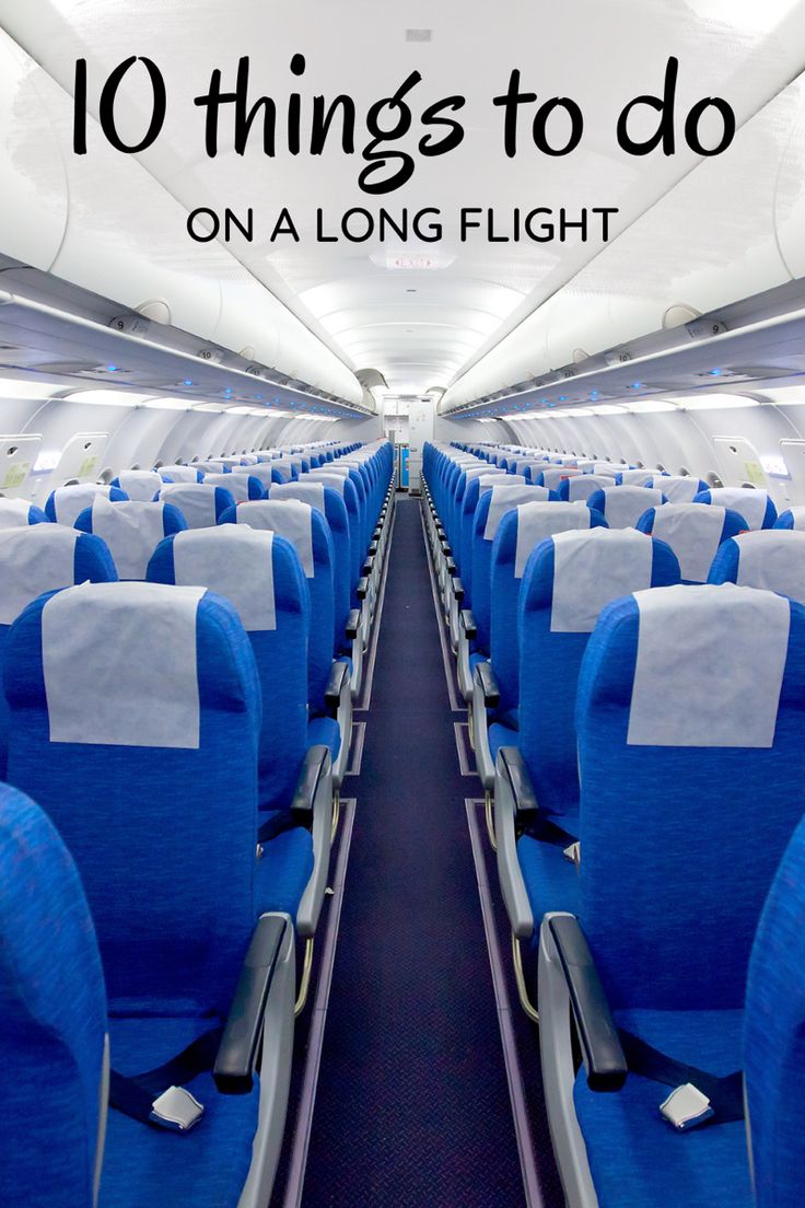 an airplane with blue seats and the words 10 things to do on a long flight