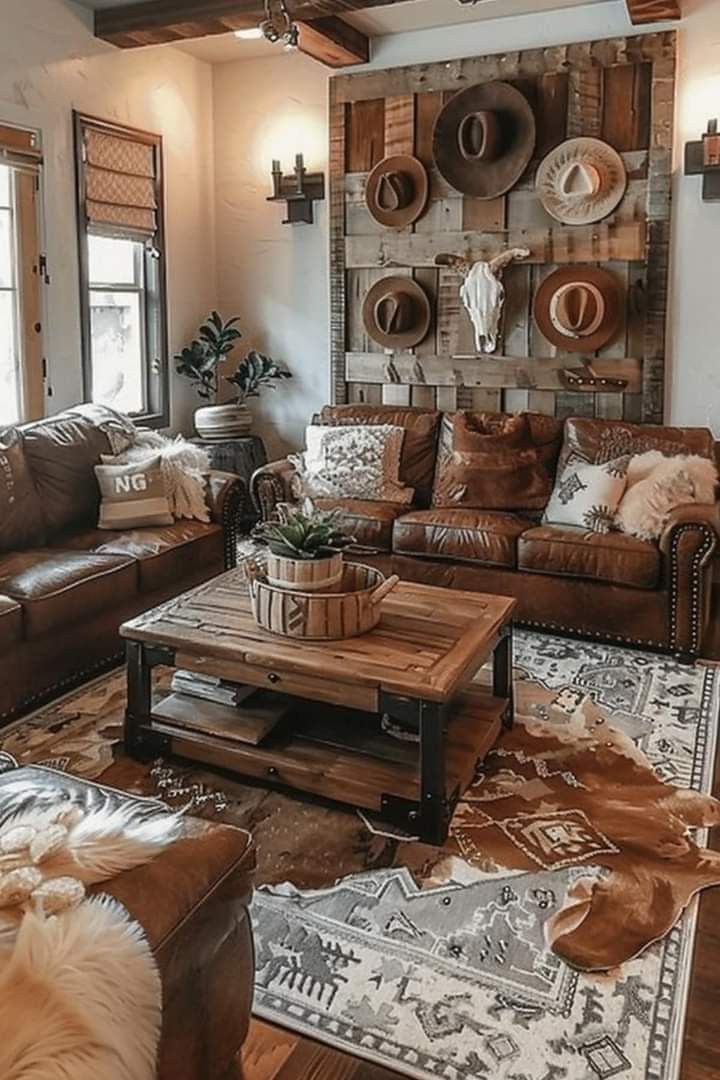 a living room filled with lots of furniture next to a wall mounted cowboy hats on the wall