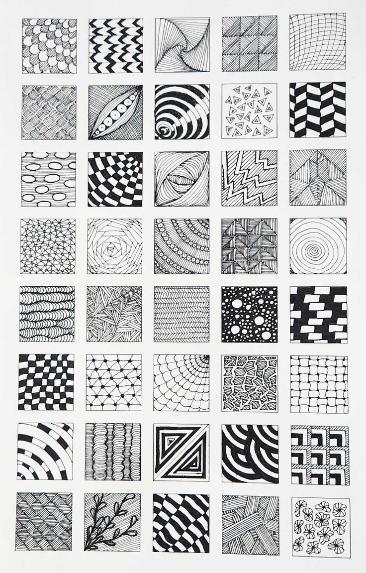 black and white drawing of different patterns