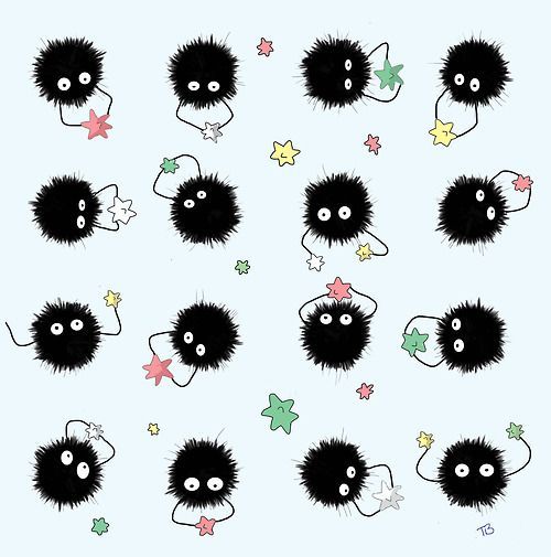 a bunch of black furry animals with stars on their backs and eyes, all in different positions