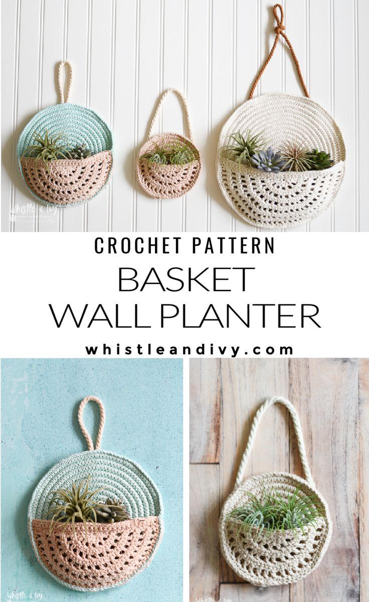 crochet pattern basket wall planter with air plants hanging from the handles and bottom