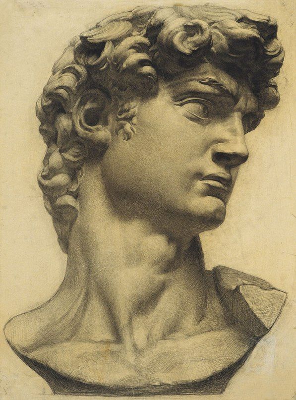 a drawing of a bust of a man with curly hair and an cross on his forehead