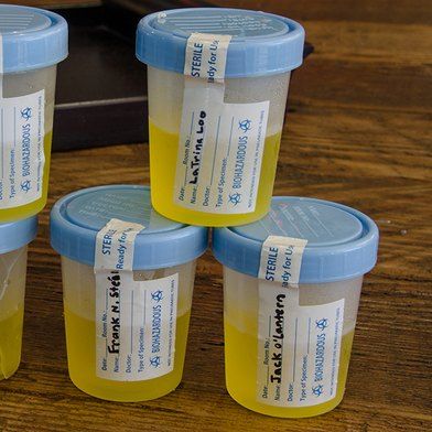 four plastic containers filled with yellow liquid on top of a wooden table