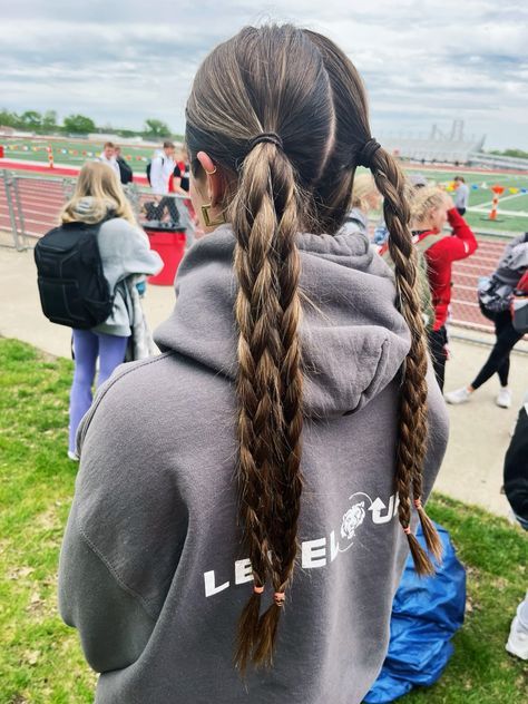 Sport Pigtails, Hairstyle For Practice, Crazy Volleyball Hairstyles, Basketball Girl Hairstyles, Slick Back Pigtail Braids, Braided Pig Tails Hairstyles, Hair For Track, Volleyball Hairstyles Pigtails, Beach Volleyball Hairstyles