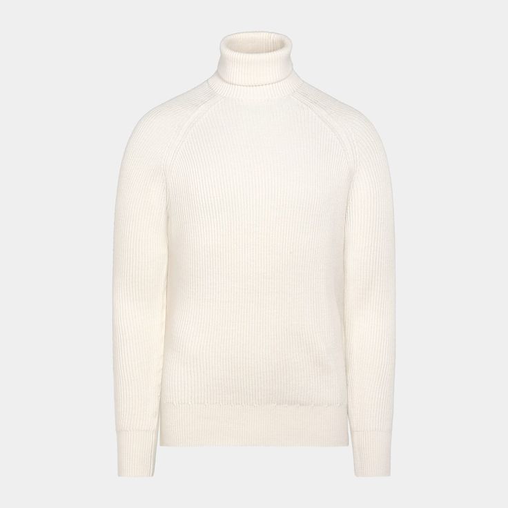 This off-white turtleneck sweater is tailored to a slim fit and features a ribbed texture, raglan long sleeves, and medium-weight fabric. White Ribbed Polo Sweater For Winter, Elegant White Sweater With Ribbed Neckline, Classic White Turtleneck With Ribbed Cuffs, White Fitted Sweater With Ribbed Neckline, White Fitted Ribbed Polo Sweater, Fitted White Ribbed Polo Sweater, White Turtleneck Sweater With Ribbed Cuffs, White Turtleneck Sweater With Ribbed Collar, White Long Sleeve Turtleneck With Ribbed Cuffs