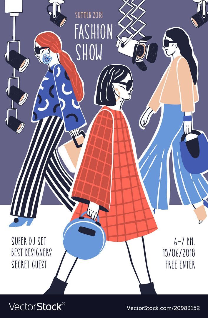 the fashion show poster with three women in dresses and hats, one is carrying a blue purse