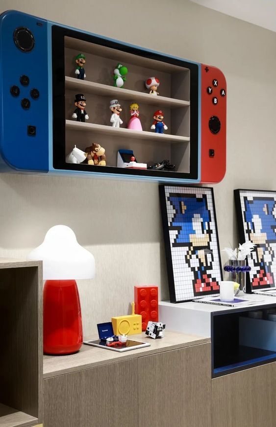 the nintendo room is decorated with mario and luigi's video game memorabilia on display