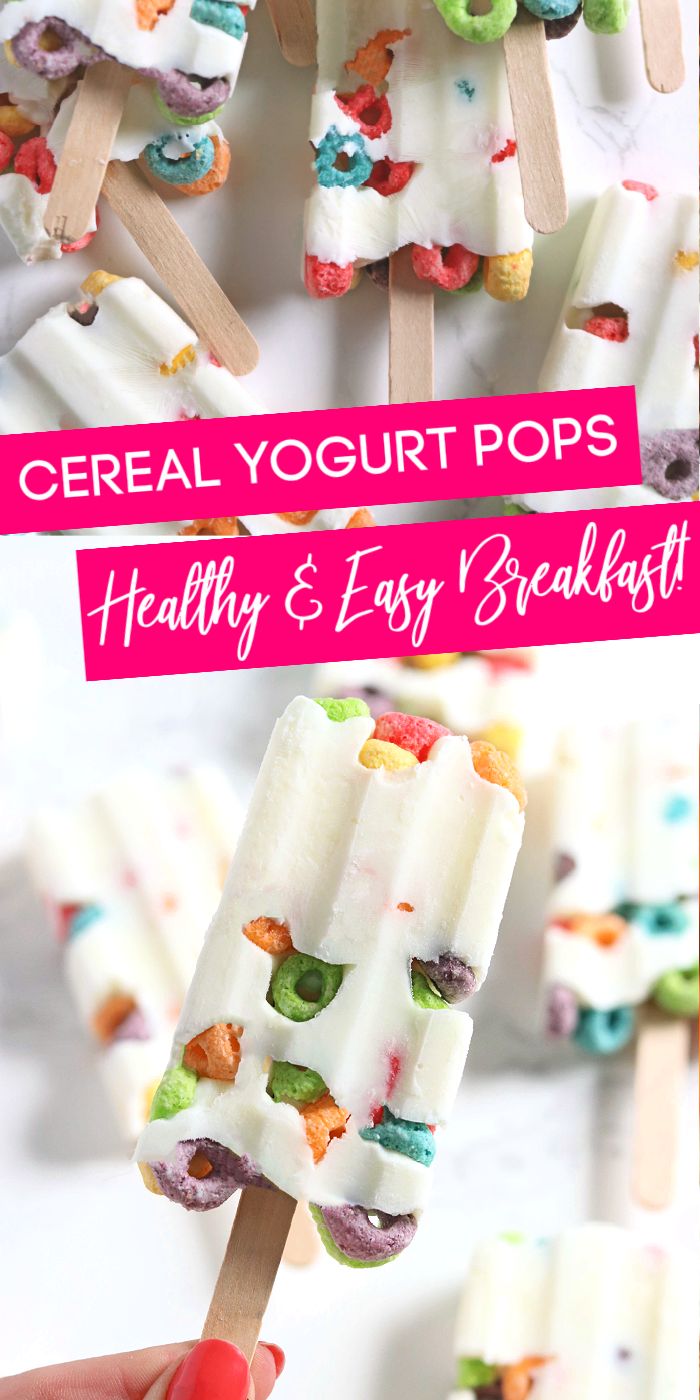 popsicles with cereal toppings on them and the words cereal yogurt pops healthy and easy breakfast