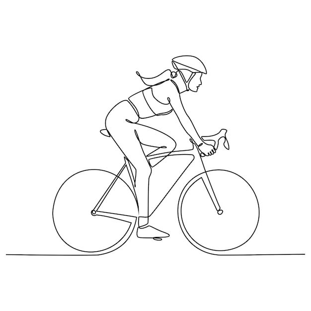 a single line drawing of a bicyclist on a bike with helmet and goggles