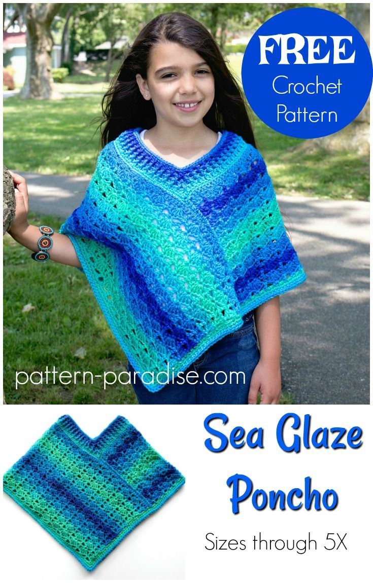 Free Crochet Pattern: Sea Glaze Poncho - Pattern Paradise Girls Poncho Crochet Pattern, Crochet Pattern Poncho, Crochet Poncho Patterns Kids, Crochet Poncho Kids, Toddler Poncho, Crochet Baby Poncho, Girls Poncho, Crochet Poncho Free Pattern, Kids Poncho