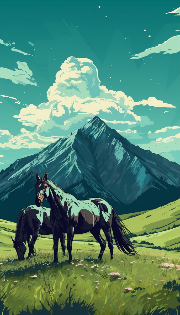 two horses are standing in the grass with mountains in the backgrouds behind them