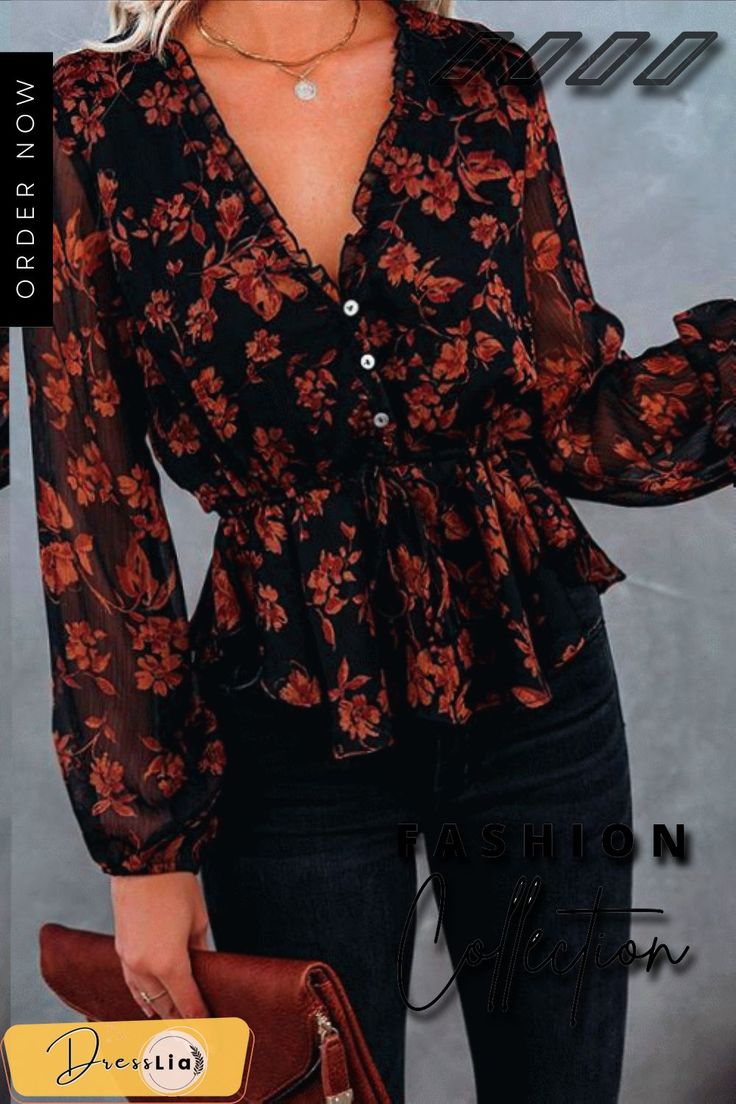 Flroal Print Button V Neck Blouse Frosted Cranberry, Printed Chiffon Tops, Floral Chiffon Blouse, Chiffon Tops Blouses, Floral Print Chiffon, Chic Blouses, Floral Peplum, Looks Street Style, Peplum Blouse