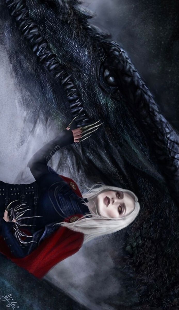 a woman with white hair standing next to a dragon