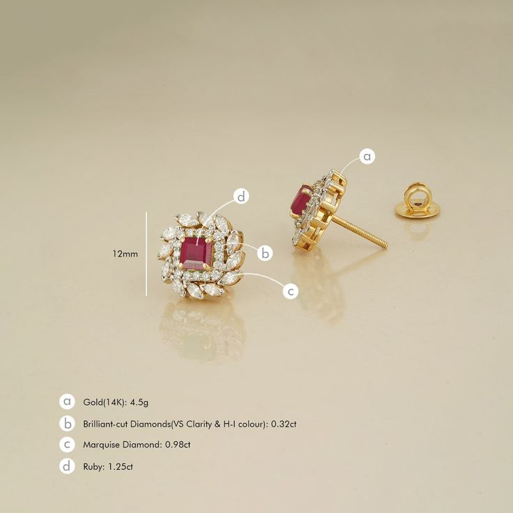 Gold(14K) : 4.5gDiamonds : (VS clarity & H-I colour) : (Brilliant cut ) : 0.32ct : (Marquise diamond) : 0.98ct Emerald : 1.25ct
Note : These earrings may fit differently depending on your ear type.¬† Classic Ruby Diamond Earrings With Diamond Accents, Classic Ruby Diamond Earrings With Accents, Ruby Diamond Earrings With Brilliant Cut, Ruby Earrings With Brilliant Cut For Wedding, Emerald Cut Diamond Earrings With Halo Design, Wedding Ruby Earrings With Brilliant Cut, Emerald Cut Halo Diamond Earrings, Ruby Diamond Earrings With Accents For Anniversary, Emerald Cut Diamond Earrings With Halo Design For Wedding