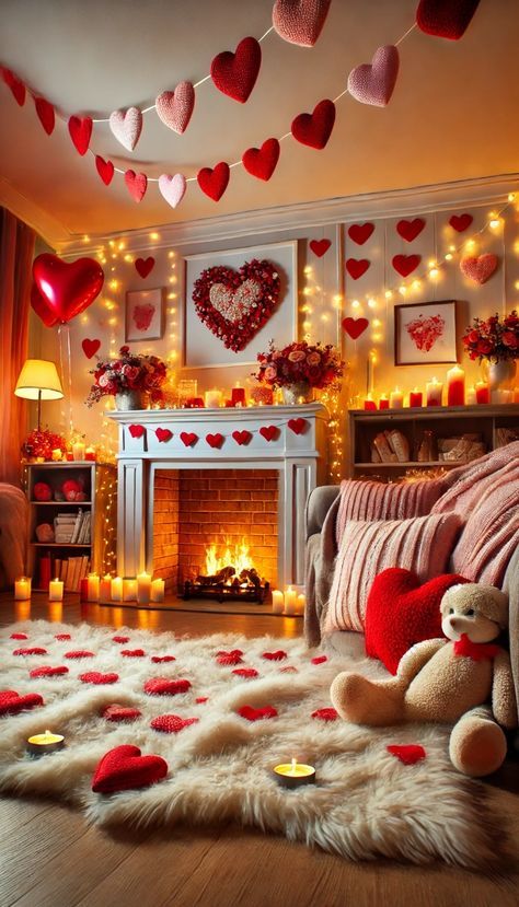 a living room decorated for valentine's day with candles and hearts hanging from the ceiling