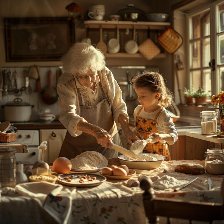 Generational Baking Bond: A heartwarming moment as a grandmother passes on the art of baking to her granddaughter. #grandmother #granddaughter #baking #kitchen #sunlight #aiart #aiphoto #stockcake �⬇️ Download and 📝 Prompt 👉 https://ayr.app/l/joJt Grandma And Granddaughter Photoshoot, Grandma And Granddaughter, Grandma Granddaughter, Grandmother Granddaughter, Grandmothers Kitchen, Grandma Cooking, Grandmas Christmas, Baking Kitchen, Instagram Graphics