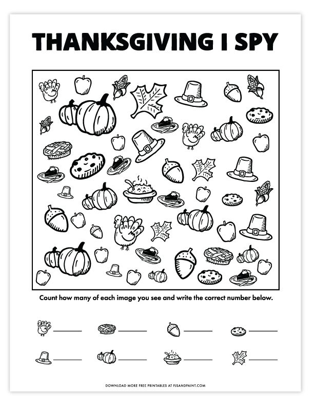 a thanksgiving coloring page with the words,'thanksgiving i spy'in black and white