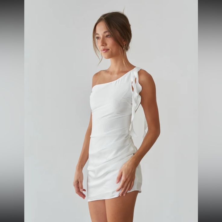 Sonia Draped One Shoulder Asymmetrical Mini Dress, Size M White Sleeveless Asymmetrical Dress For Date Night, Elegant One-shoulder Mini Dress For Beach, Elegant One Shoulder Mini Dress For Beach, White Asymmetrical One-shoulder Dress With Ruched Detail, Chic White One-shoulder Dress With Asymmetrical Hem, White Ruched Asymmetrical One-shoulder Dress, White Asymmetrical Dress For Summer Date Night, White Summer Asymmetrical Dress For Night Out, White Asymmetrical Ruched Mini Dress