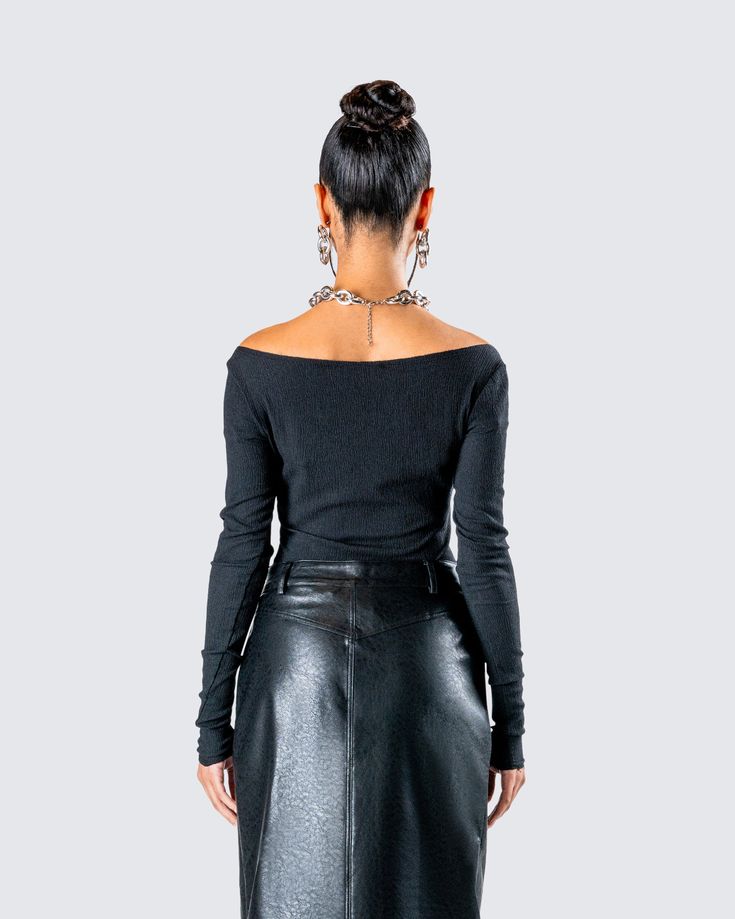 A sleek, clean look is always a serve ✨ Make yourself known in the most effortless way with this black top constructed from soft stretch textured jersey, complete with extra long sleeves and an off-shoulder style. Only the baddest can stand out without even trying 🖤 Note: The raw edges are intentional elements of the design Fitted Black Off-shoulder Top, Fitted Black Long Sleeve Off-shoulder Top, Versatile Black Off-shoulder Top, Black Stretch Off-shoulder Top, Black Stretch Elastane Off-shoulder Top, Black Off Shoulder Top, Orange Satin, Black Off Shoulder, Off Shoulder Fashion