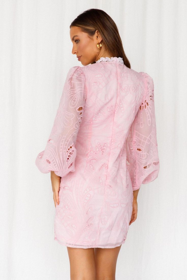 Length from shoulder to hem of size S: 81cm. Pink long sleeved dress. Partially lined. Cold hand wash only. Model is a standard XS and is wearing XS. True to size. Lightweight embroidered fabric; non-stretchy. High neck. Invisible back zip. Polyester. We all love to channel our inner class, and luckily the High Class Dress will do just that! Feel sophisctaed at your next fancy event with this high neck, long sleeve mini. Embroided with a beautiful design, this dress can be styled with natural heels and a natural makeup look. High Class Dress, Class Dress, Vestidos Color Rosa, Long Sleeved Dress, Sleeved Dress, High Neck Long Sleeve, Embroidered Fabric, Natural Makeup Looks, All Love