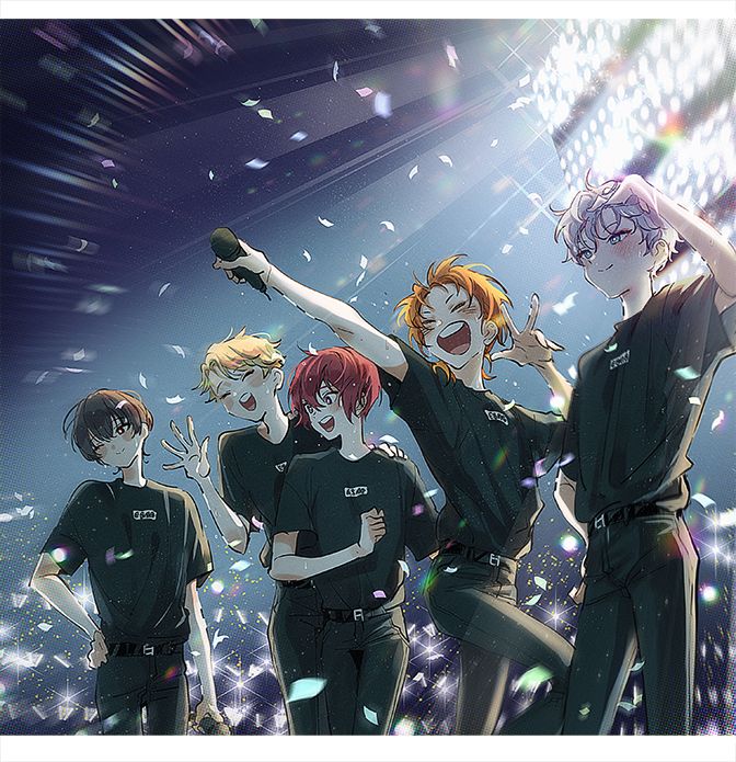 an anime scene with four people standing in front of confetti falling from the sky