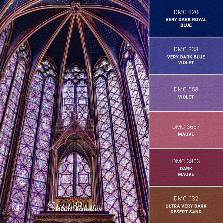 the inside of a cathedral with many stained glass windows and arches on each side, all in different colors