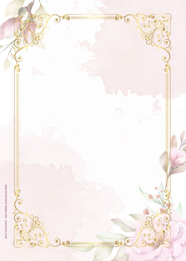 a pink watercolor background with gold frame and flowers