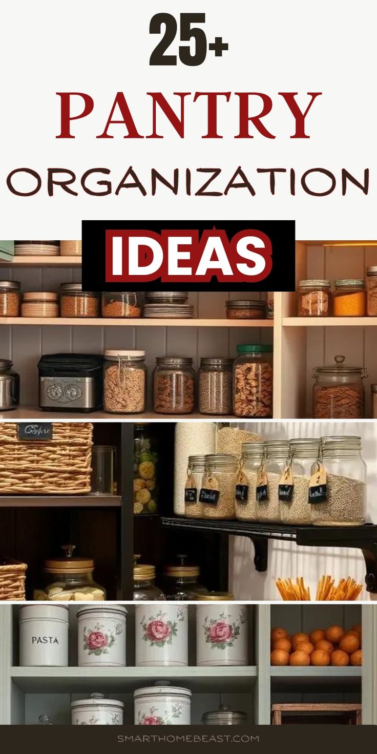 pantry organization ideas with text overlay that reads 25 pantry organization ideas