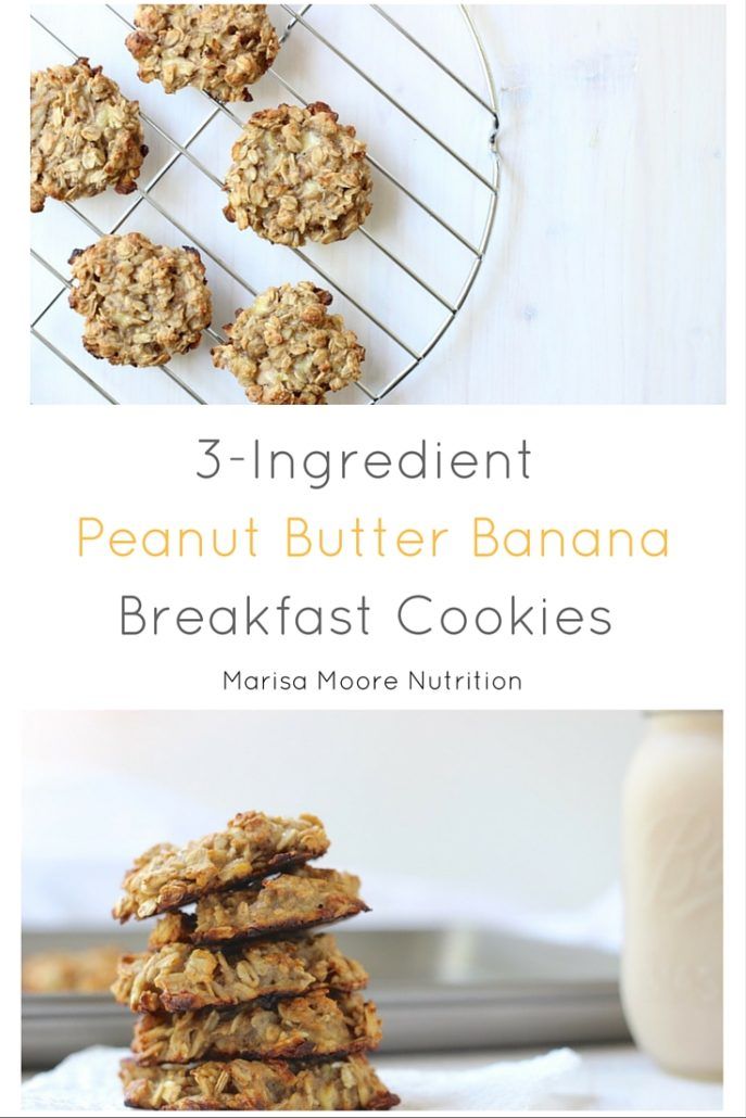 three ingredient peanut butter banana breakfast cookies stacked on top of each other with text overlay