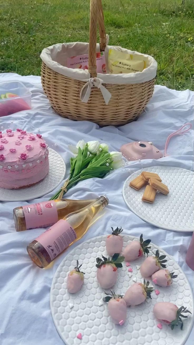 a picnic table topped with cakes and desserts