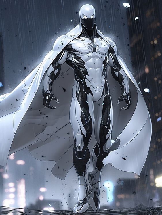 a man dressed as a superhero stands in the rain with his cape draped around him