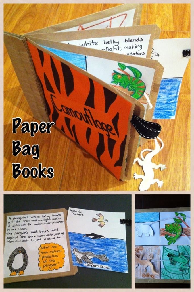 an open book with pictures of animals on it and the words paper bag books written in black