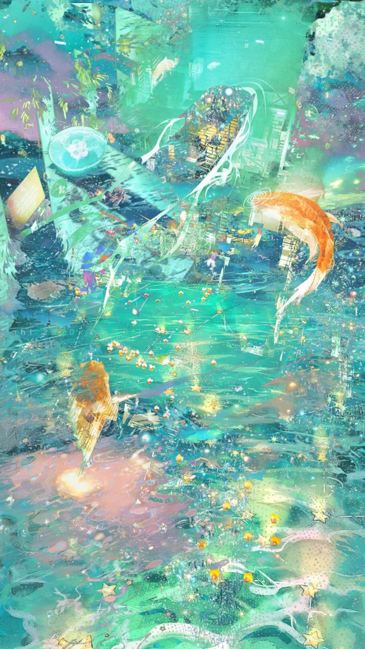 an abstract painting with fish in the water