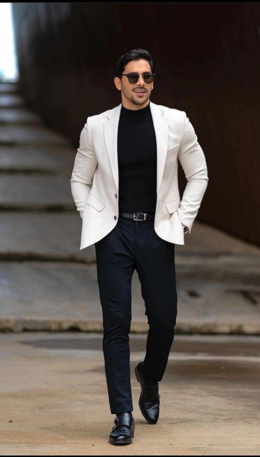 White Blazer Outfit Men, Pose Ideas For Men, Mens Pants Fashion Casual, White Blazer Outfits, Black And White Suit, Blazer Outfits Men, Mens Smart Casual Outfits, Plain White T Shirt, Black Men Fashion Casual