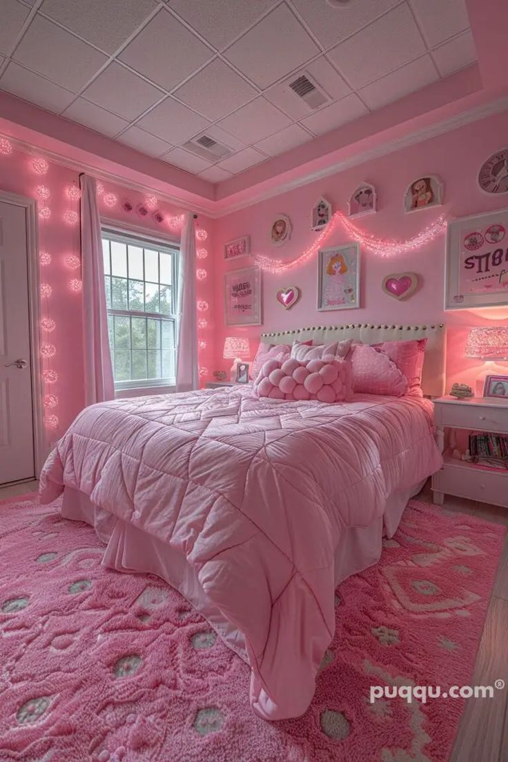 a bedroom with pink walls and lights on the ceiling